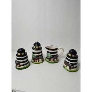 Lighthouse Alco Industries Set Salt & Pepper Shakers, Cream & Sugar Lighthouses